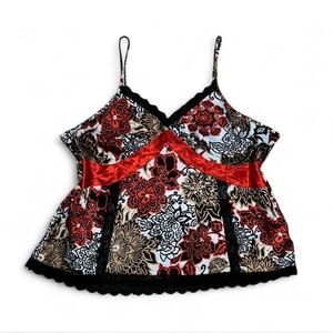 Vintage Ashro 3x Red and Black Satin Floral Blouse with Lace Trim